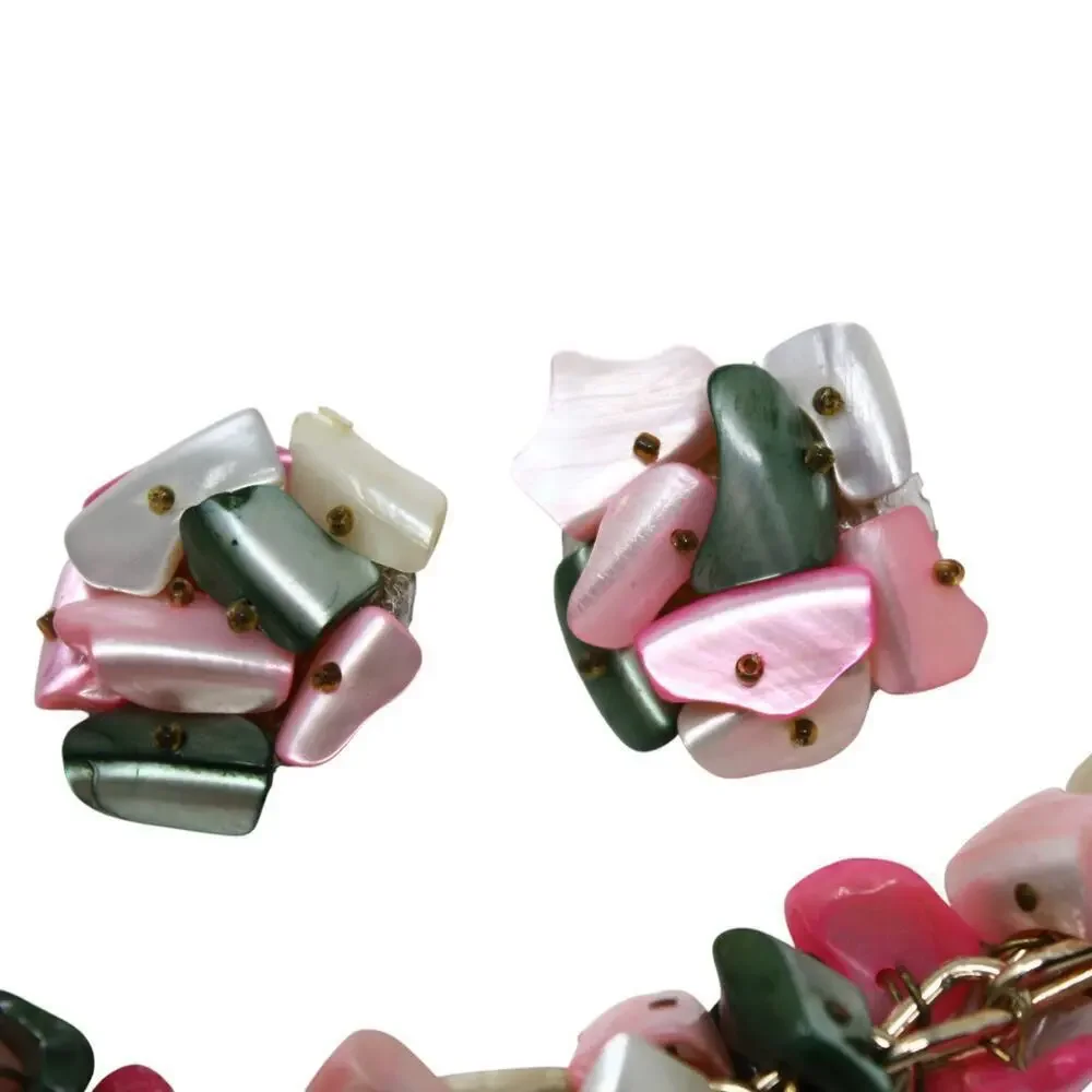 Vintage Chunky Shell Bracelet Clip On Earring Set Pink Shiny Beachy - Hey Viv